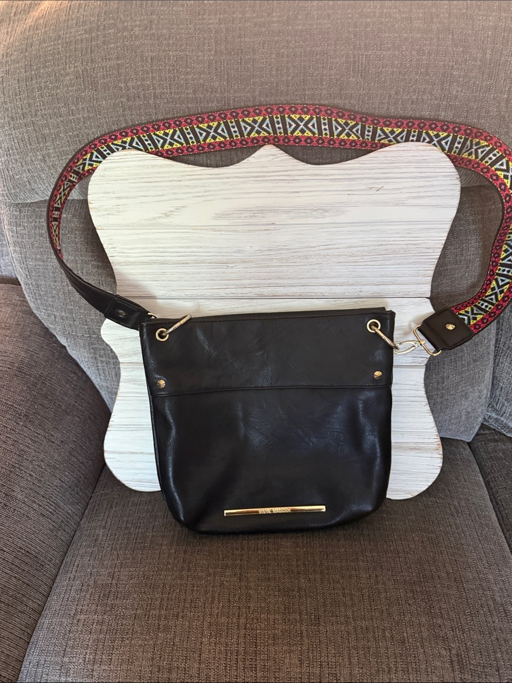 Steve Madden Black Crossbody Bag with Multicolor Patterned Strap